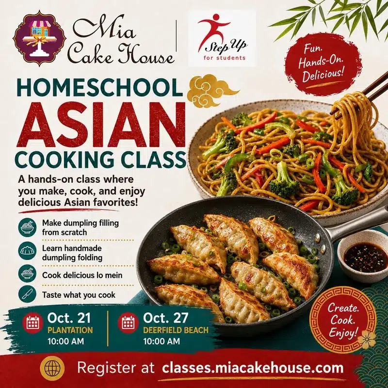 Homeschool Asian cooking class flyer with dumplings and noodles.