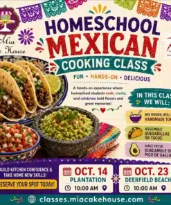 Homeschool Mexican cooking class flyer with tacos and guacamole.