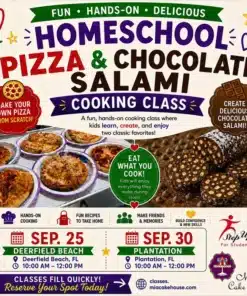 Homeschool pizza and chocolate salami cooking class flyer advertisement.